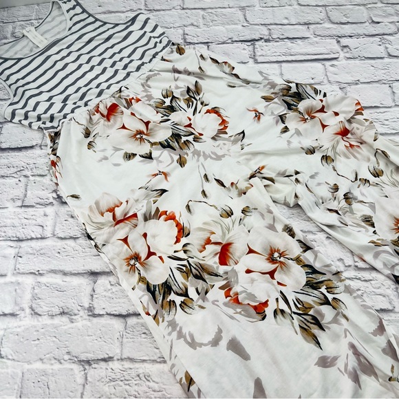 Pants - Striped Floral Jumpsuit XL White Multi Color Tank Wide Leg Casual Knit